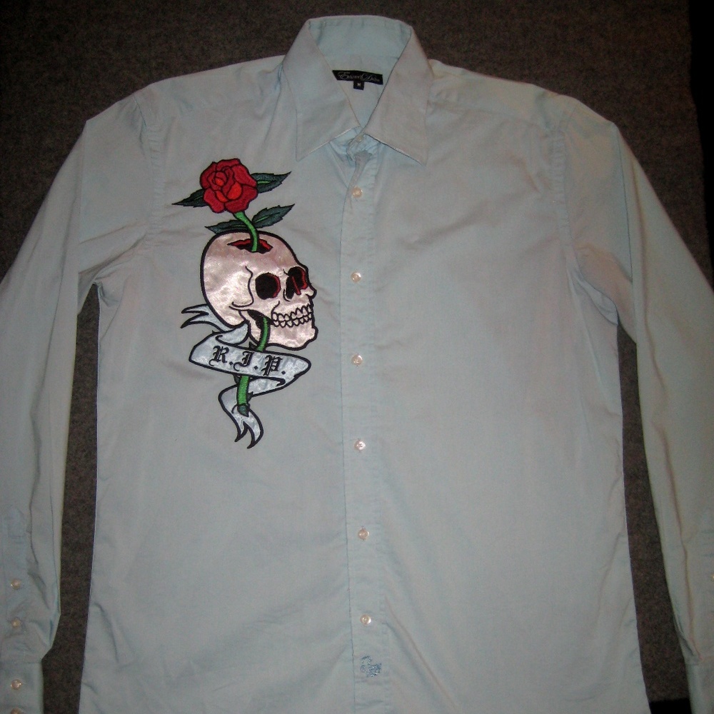 EDWARD DADA "RIP" Skull Rose Blue Button-Up Shirt